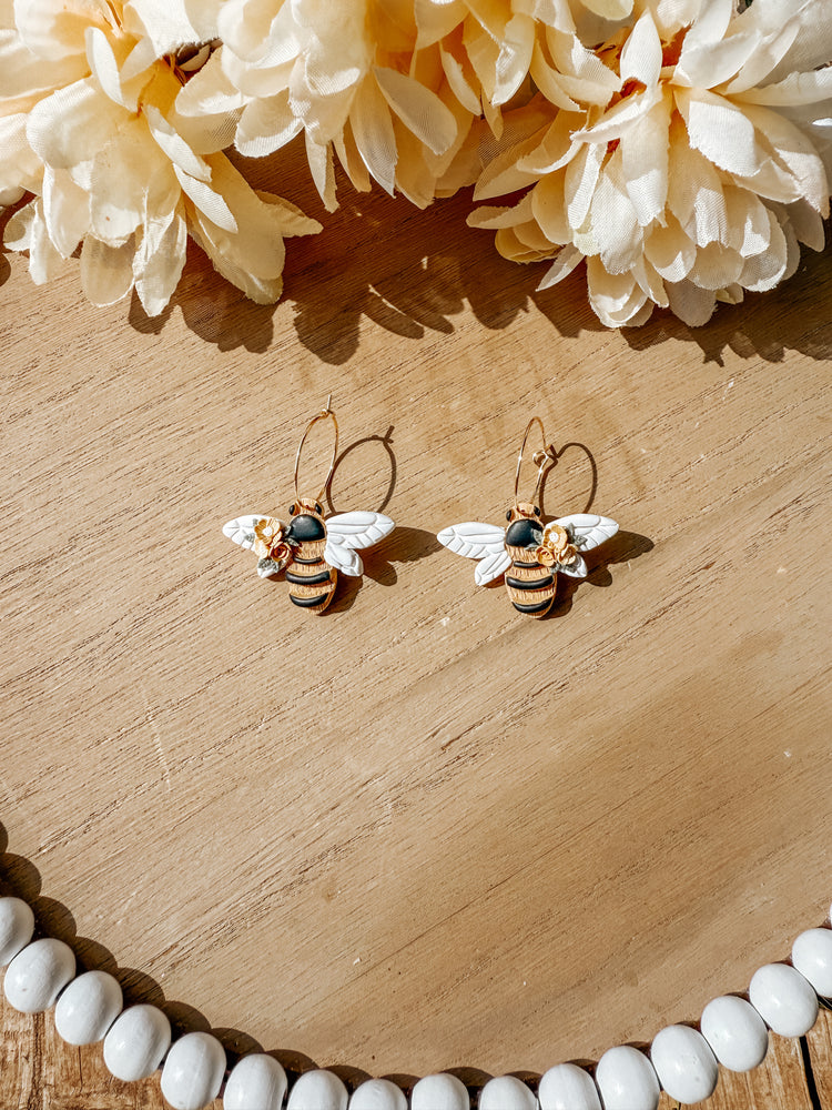 Floral Bee Hoop Dangle Earrings