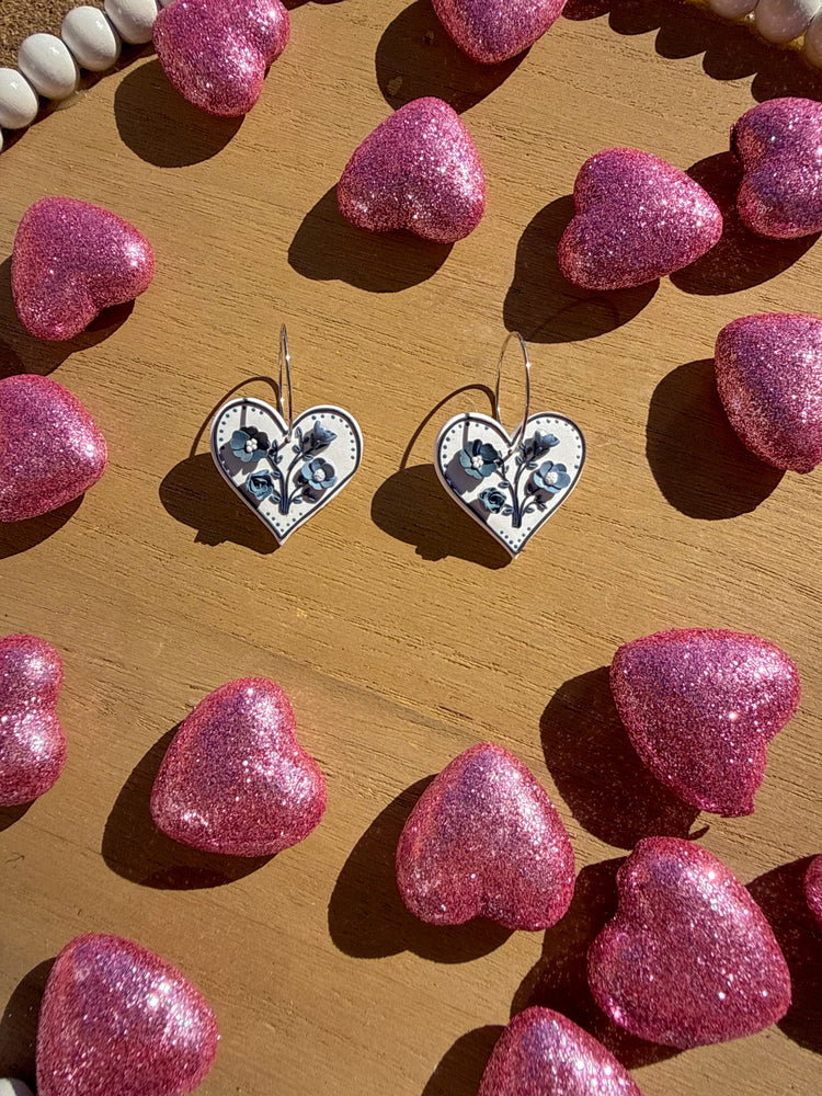 Vintage Blue Floral Heart Earrings