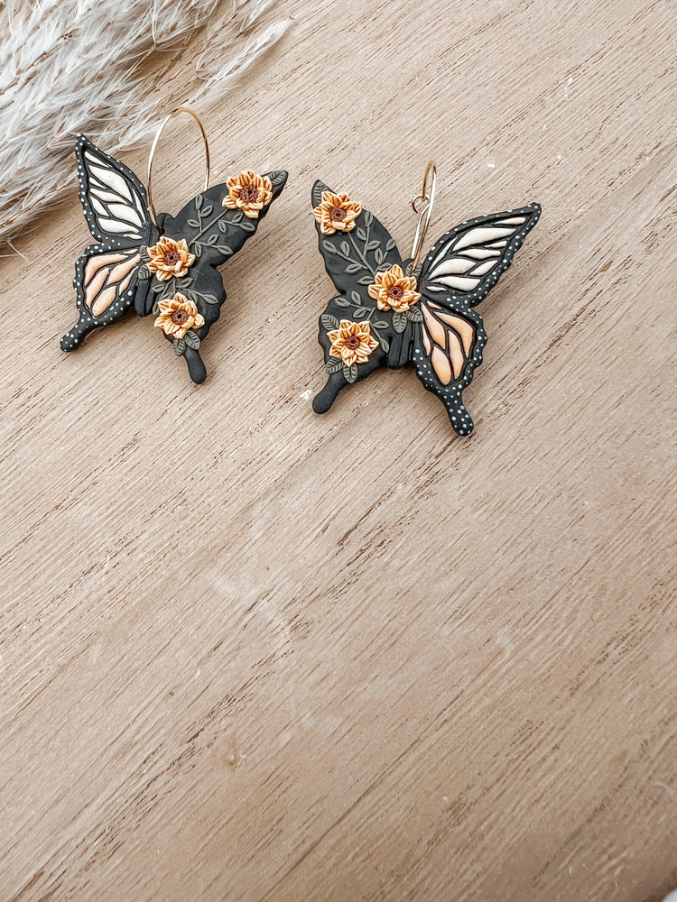 Monarch Sunflower Butterfly Hoop Earrings
