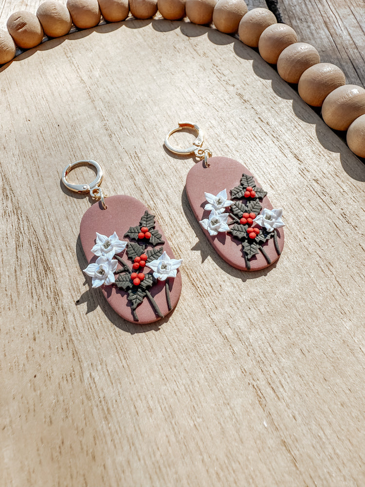 Narcissus & Holly December Birth Flower Dangle Earrings