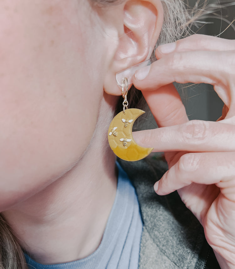 Honey Comb Moon Huggie Dangles