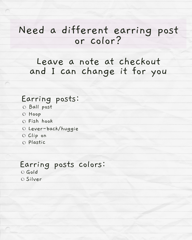 Instructions for changing earring posts or color at checkout on a white background