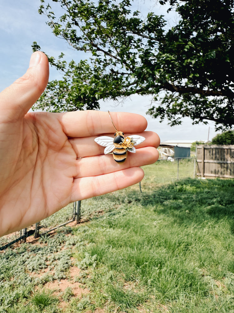 Floral Bee Hoop Dangle Earrings