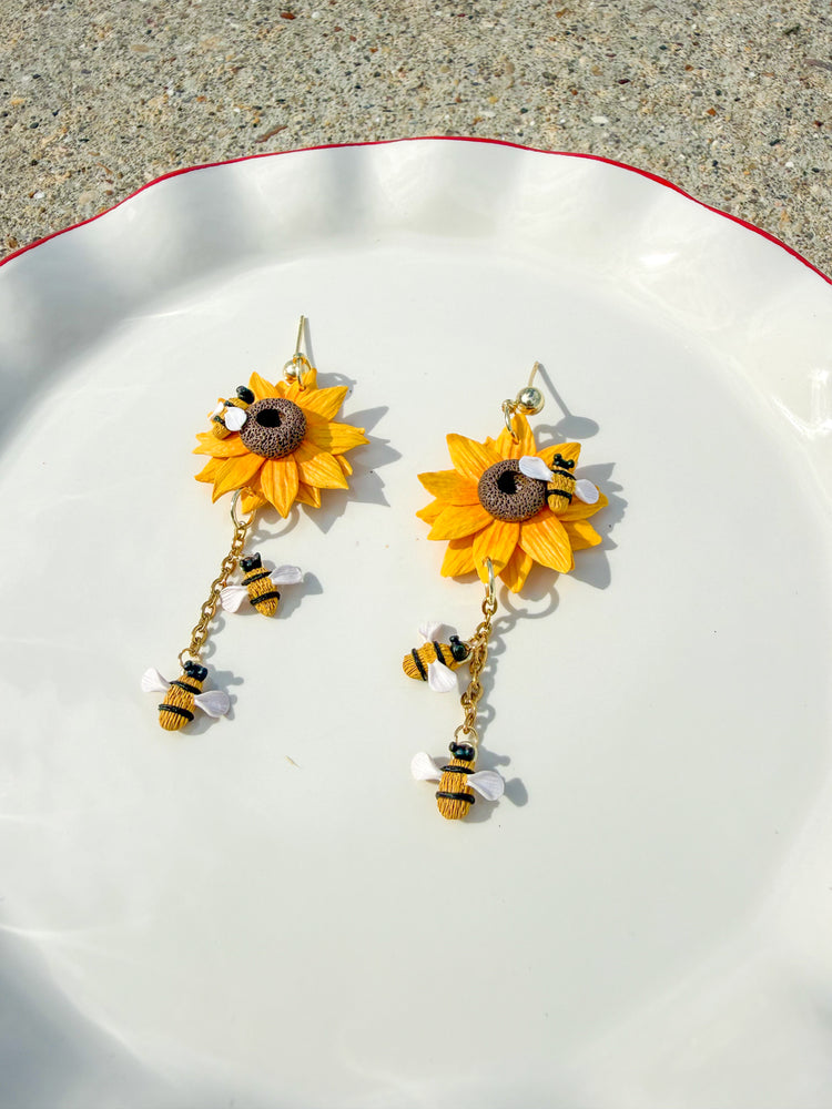 Bumble Bee Sunflower Earrings