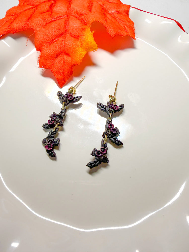 Midnight Floral Bat Dangle Earrings