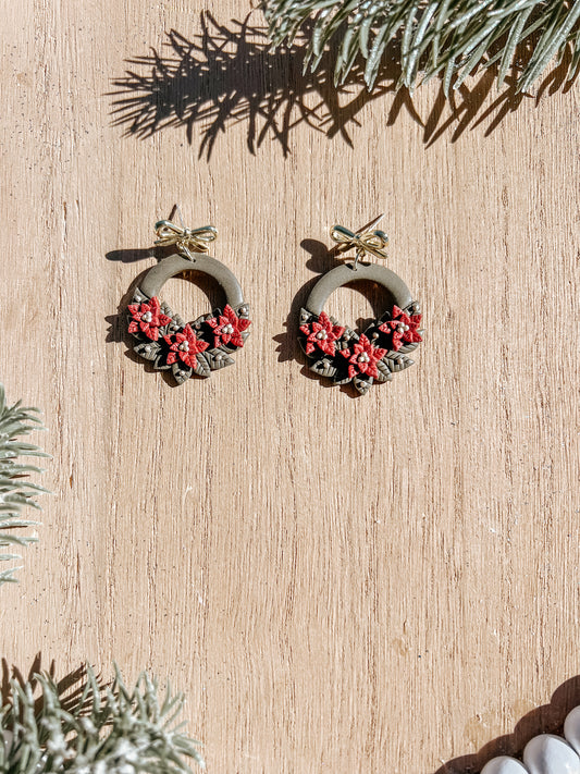 Poinsettia Wreath Dangle Earrings