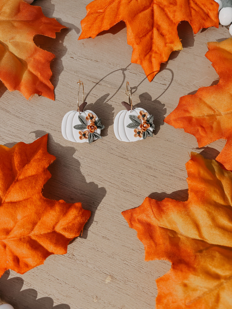 Floral White Pumpkin Hoop Earrings