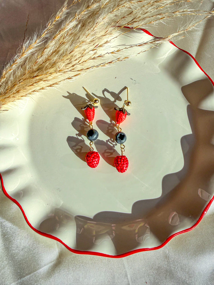 Pair of stawberry, blueberry and raspberry earrings dangling with gold filled ball earring post