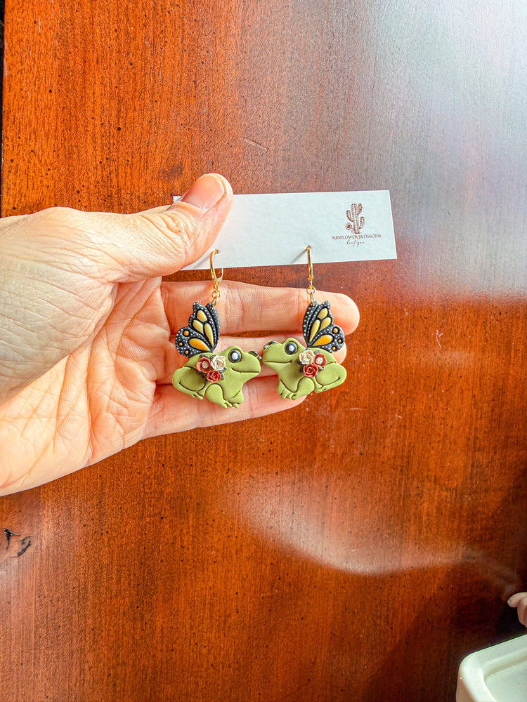 Whimsical Frog and Floral Polymer Clay Earrings