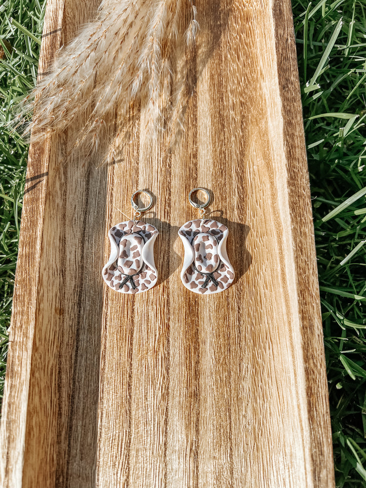 Brown Cow Print Cowboy Hat Dangle Earrings