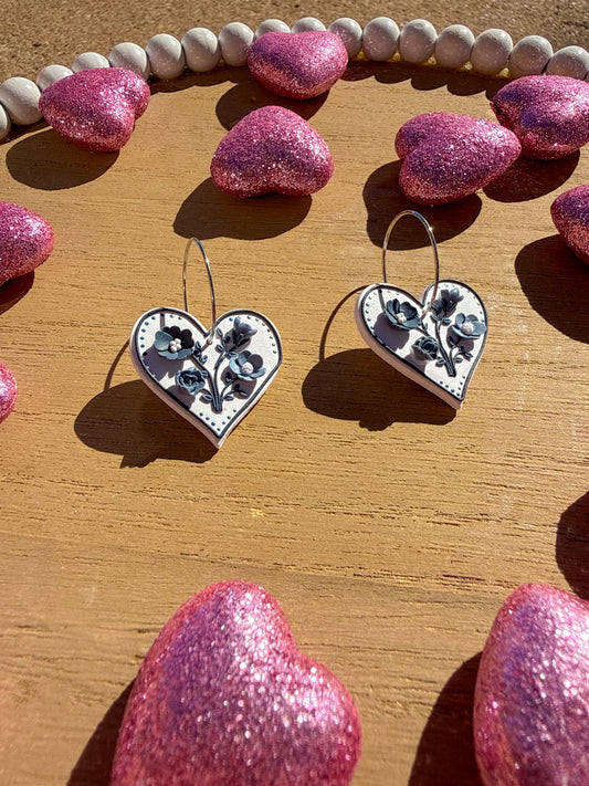 Vintage Blue Floral Heart Earrings