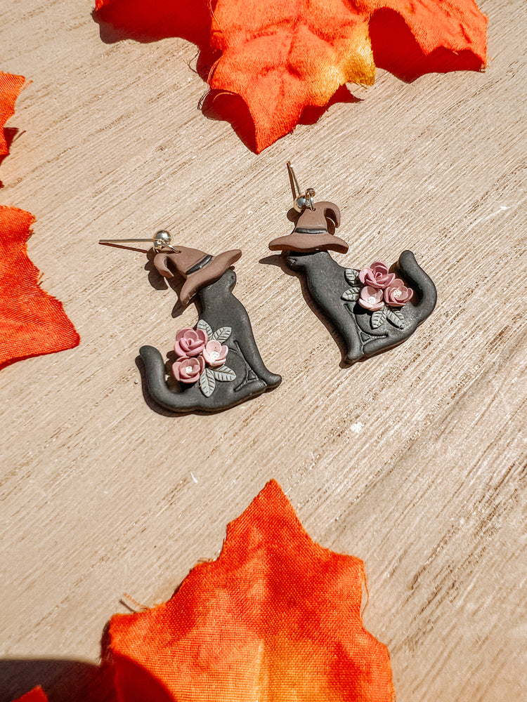 Witch Black Cat Dangle Earrings