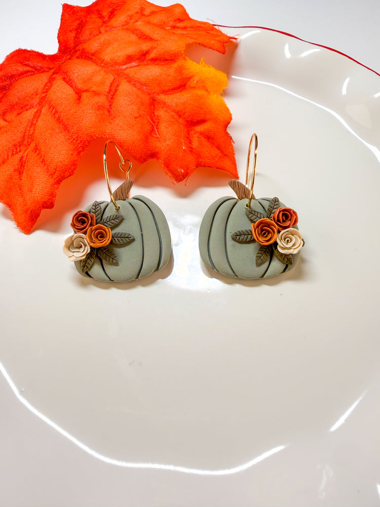 Sage Green Floral Pumpkin Hoop Earrings