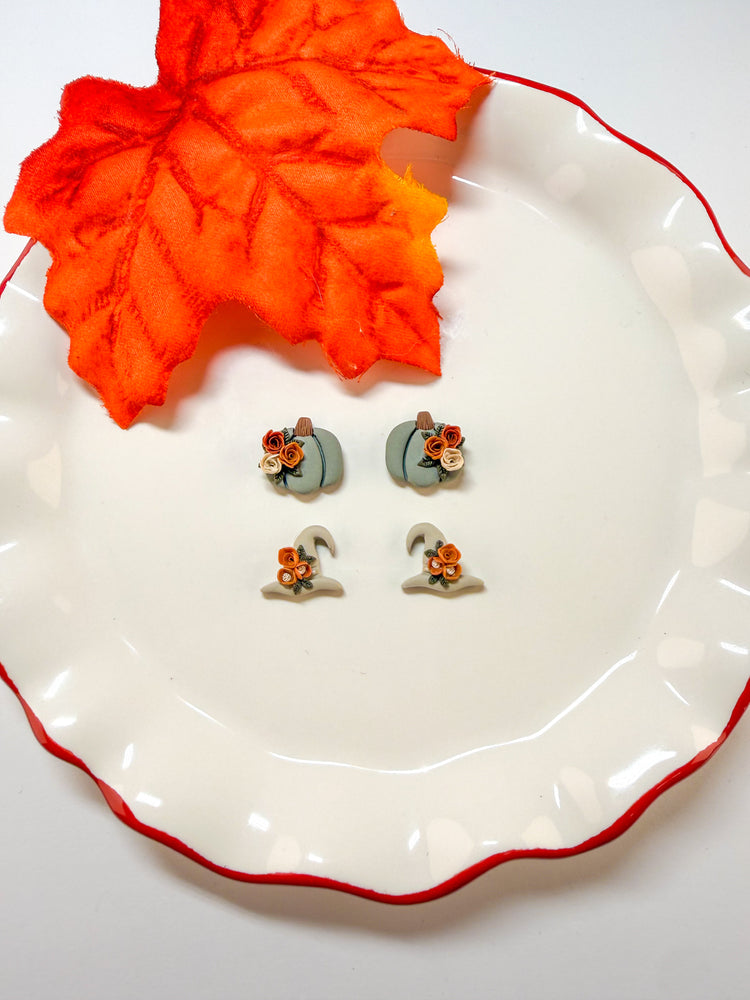 Floral Fall Stud Earrings Pumpkin & Witch Hat Set