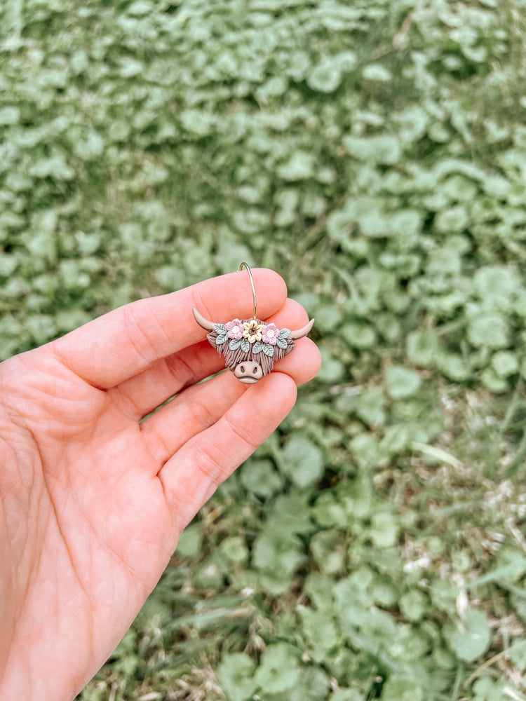 Floral Highland Cow Hoop Earrings