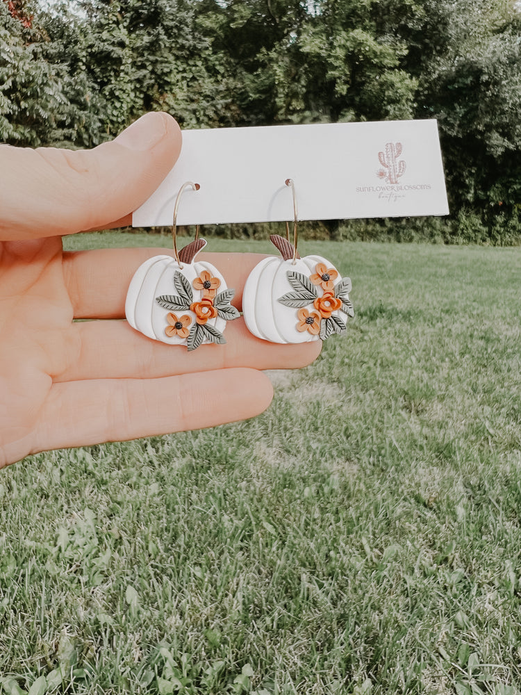 Floral White Pumpkin Hoop Earrings