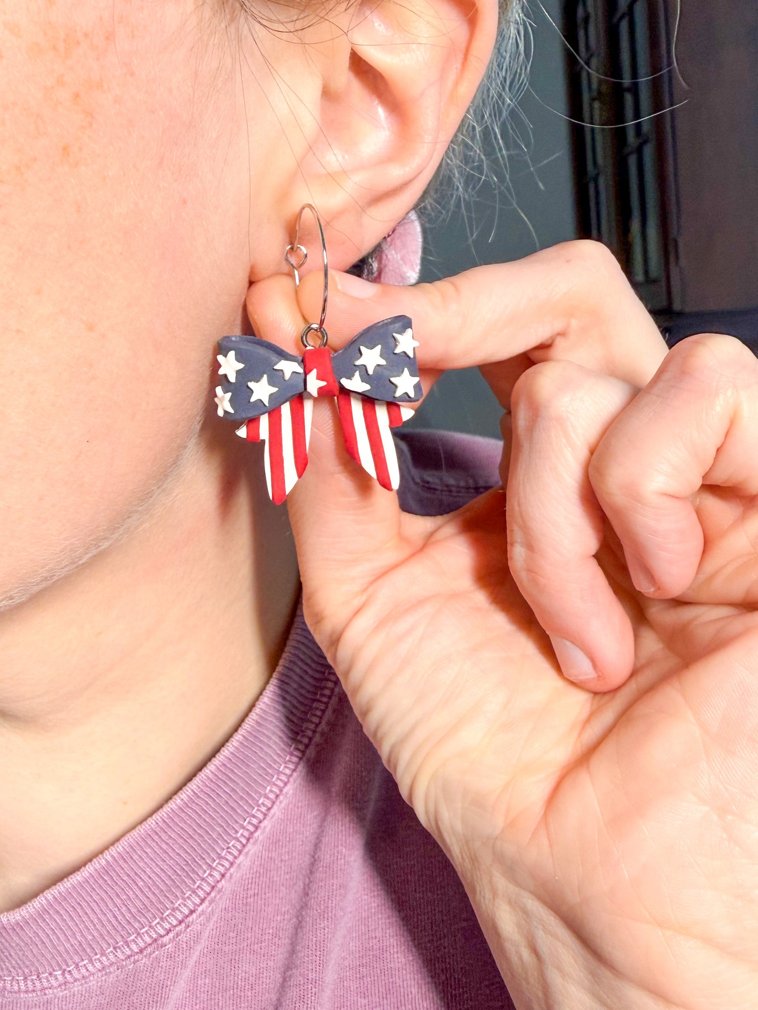 Flag printed bow clay dangle earrings