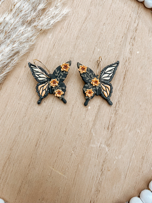 Monarch Sunflower Butterfly Hoop Earrings