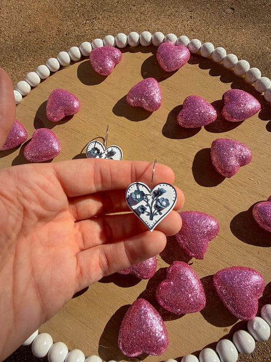 Vintage Blue Floral Heart Earrings