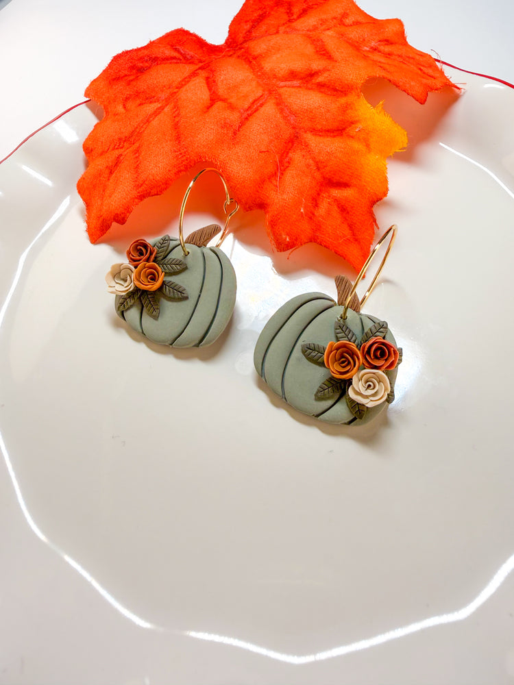 Sage Green Floral Pumpkin Hoop Earrings