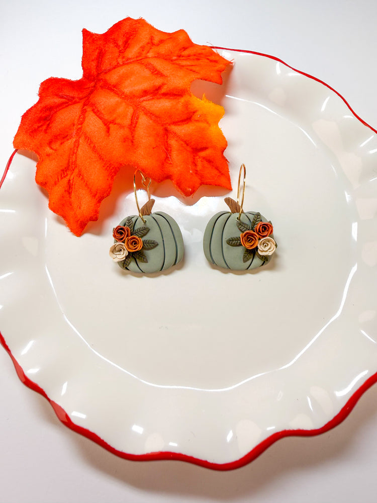 Sage Green Floral Pumpkin Hoop Earrings