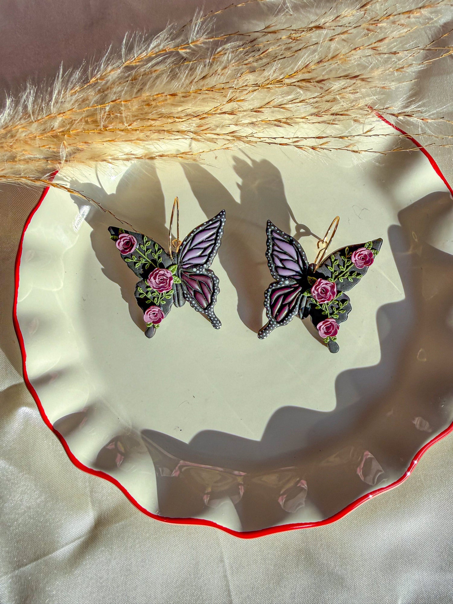 Nature inspired butterfly earrings polymer clay floral detail