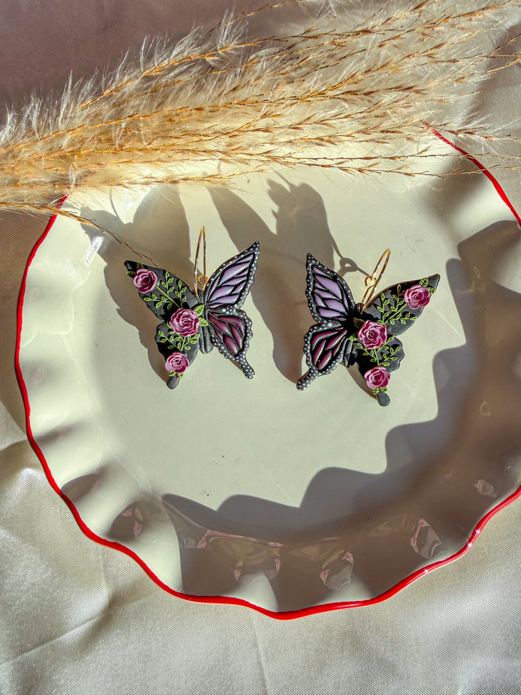 Nature inspired butterfly earrings polymer clay floral detail