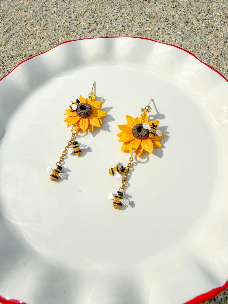Bumble Bee Sunflower Earrings