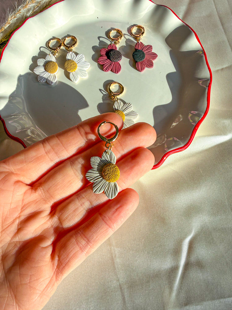 Neutral brown daisy flower dangle earrings