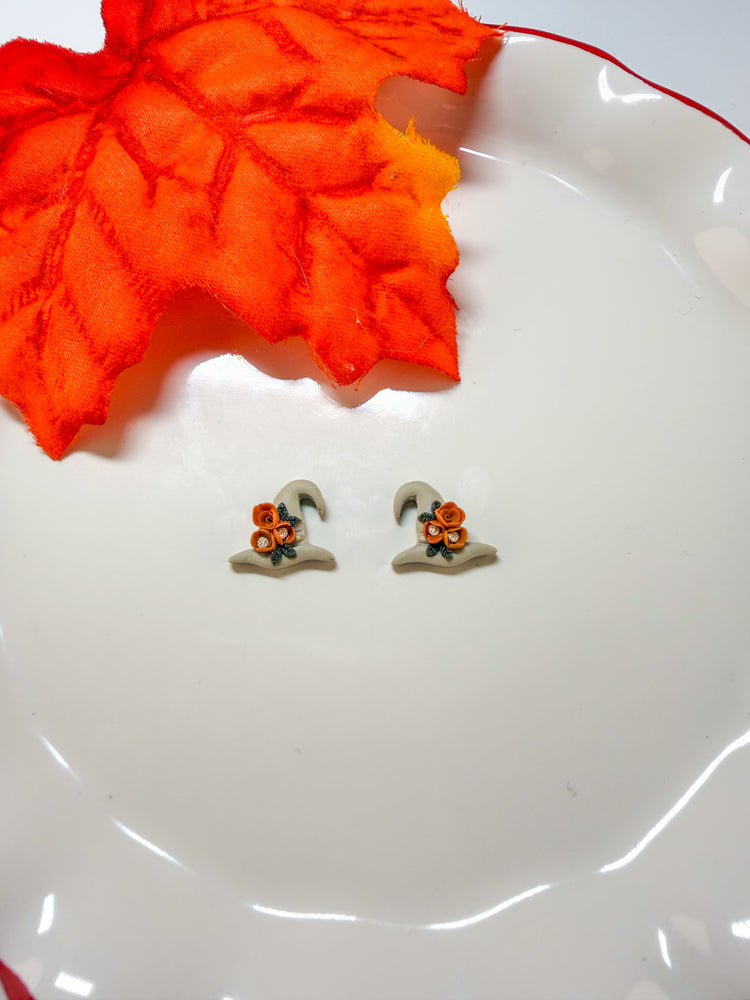 Floral Fall Stud Earrings Pumpkin & Witch Hat Set