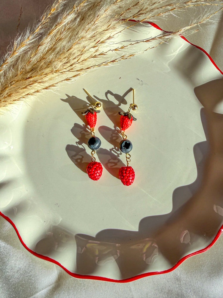 Pair of multiple berry earrings dangling with gold filled ball post earrings