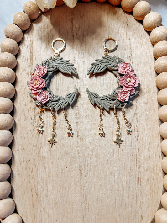 Pink Floral Mystic Moon Dangle Earrings