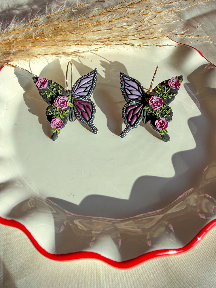 Floral butterfly earrings botanical polymer clay statement