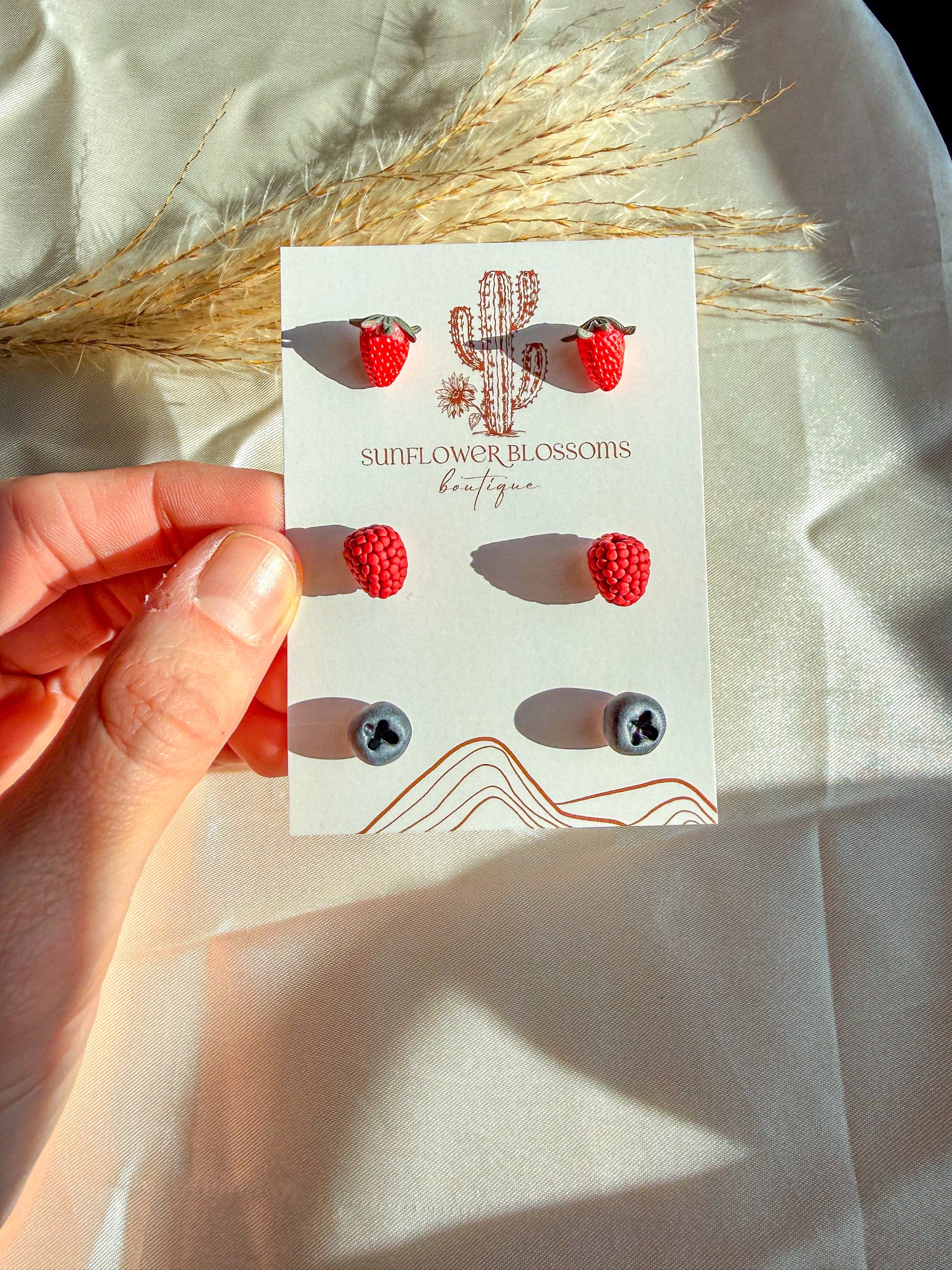 strawberry, blueberry, and raspberry polymer clay 3D stud earrings