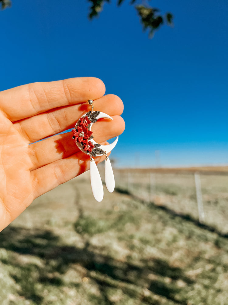 Poinsettia Moon Dangle Earrings