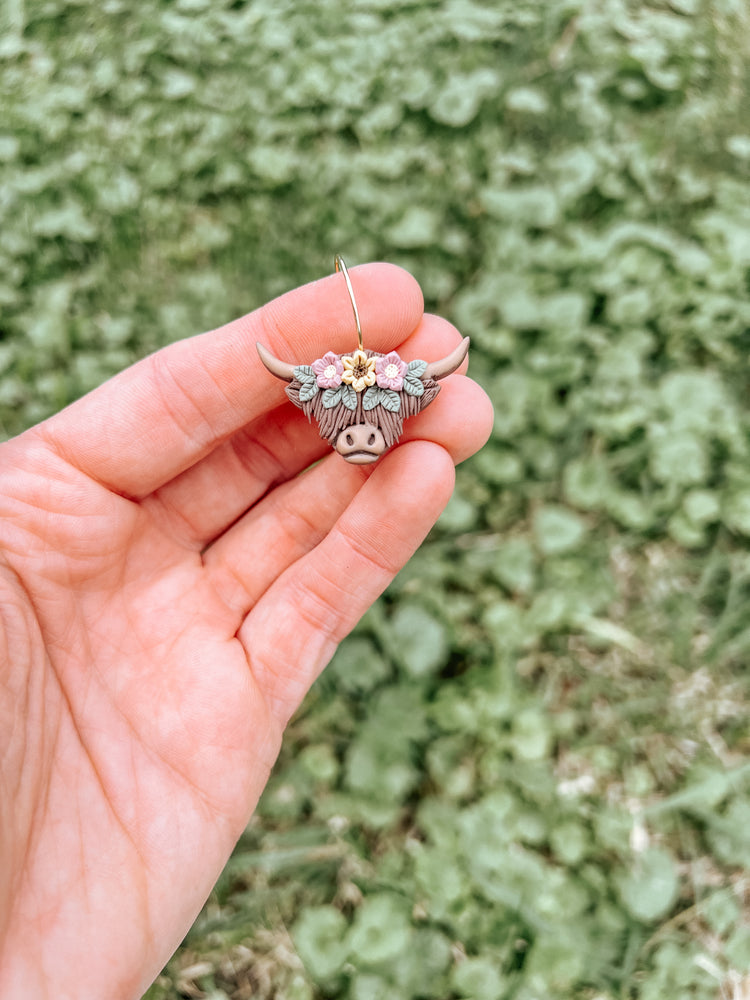 Floral Highland Cow Hoop Earrings