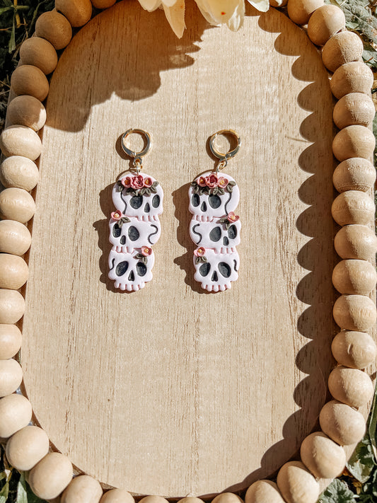 Pale Pink Stacked Flower Skulls Dangles