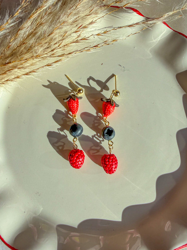 Pair of stawberry, blueberry and raspberry earrings dangling