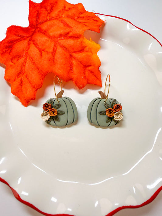 Sage Green Floral Pumpkin Hoop Earrings