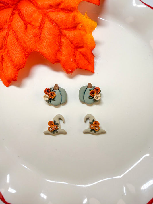 Floral Fall Stud Earrings Pumpkin & Witch Hat Set