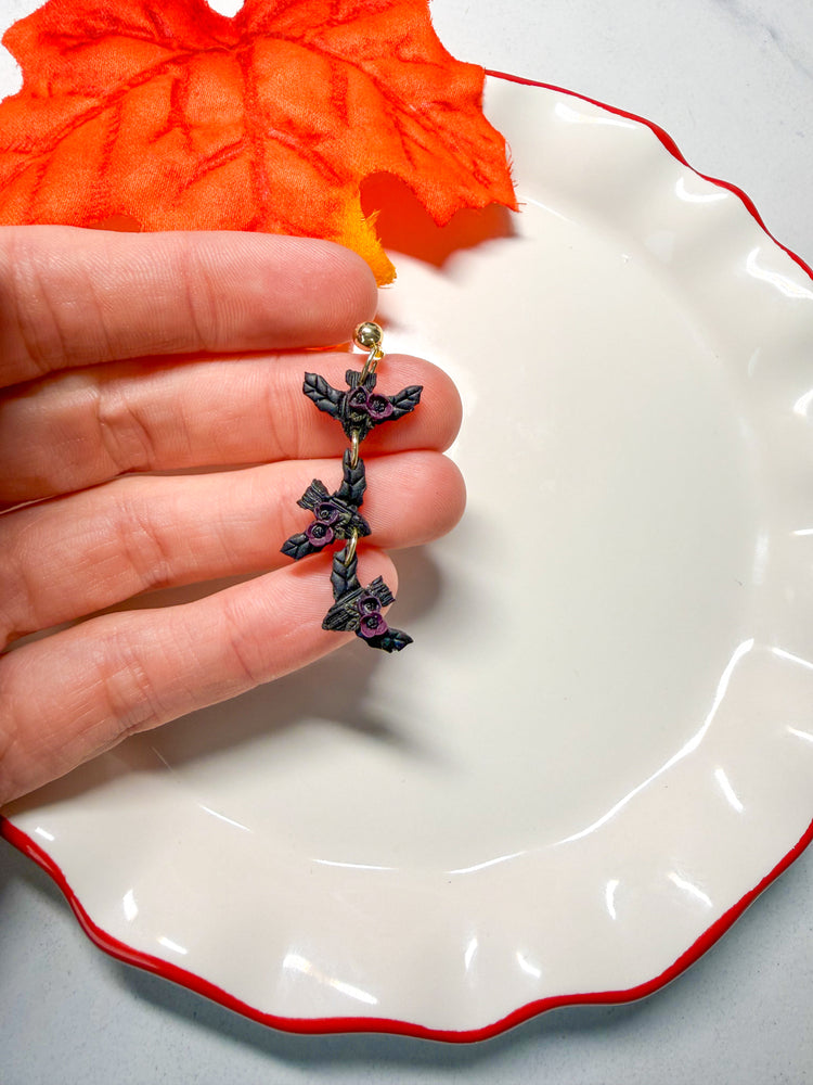 Midnight Floral Bat Dangle Earrings