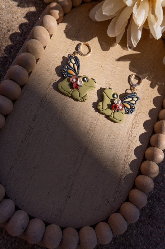 Whimsical Frog and Floral Polymer Clay Earrings