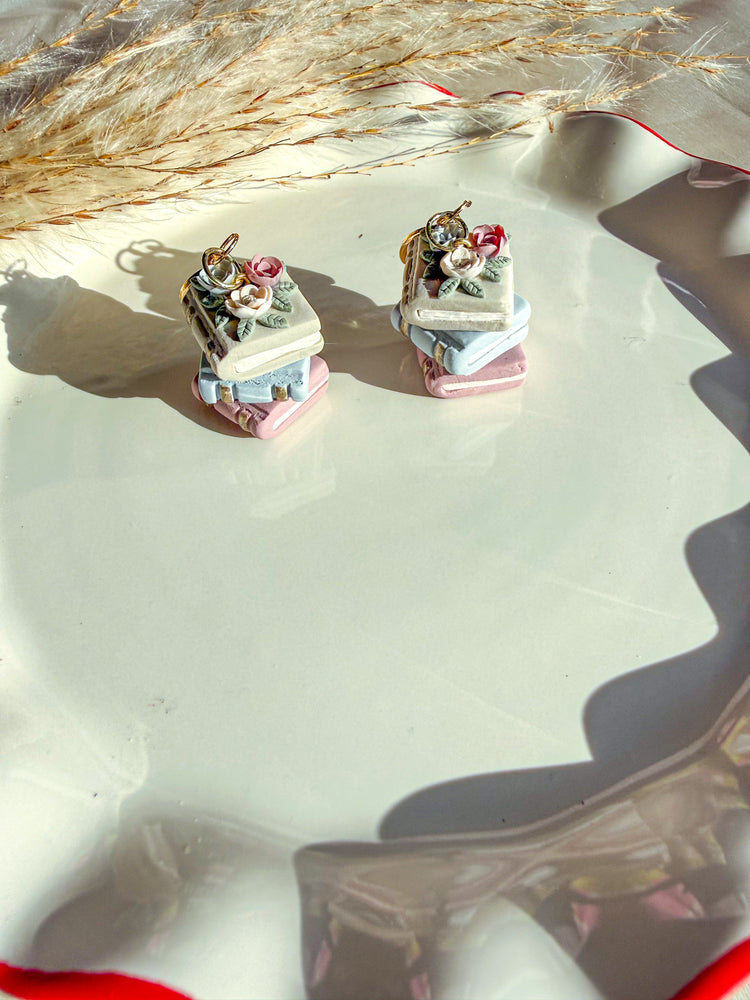 Botanical book stack polymer clay dangle earrings for book lovers