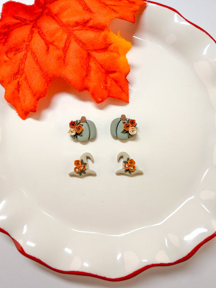 Floral Fall Stud Earrings Pumpkin & Witch Hat Set
