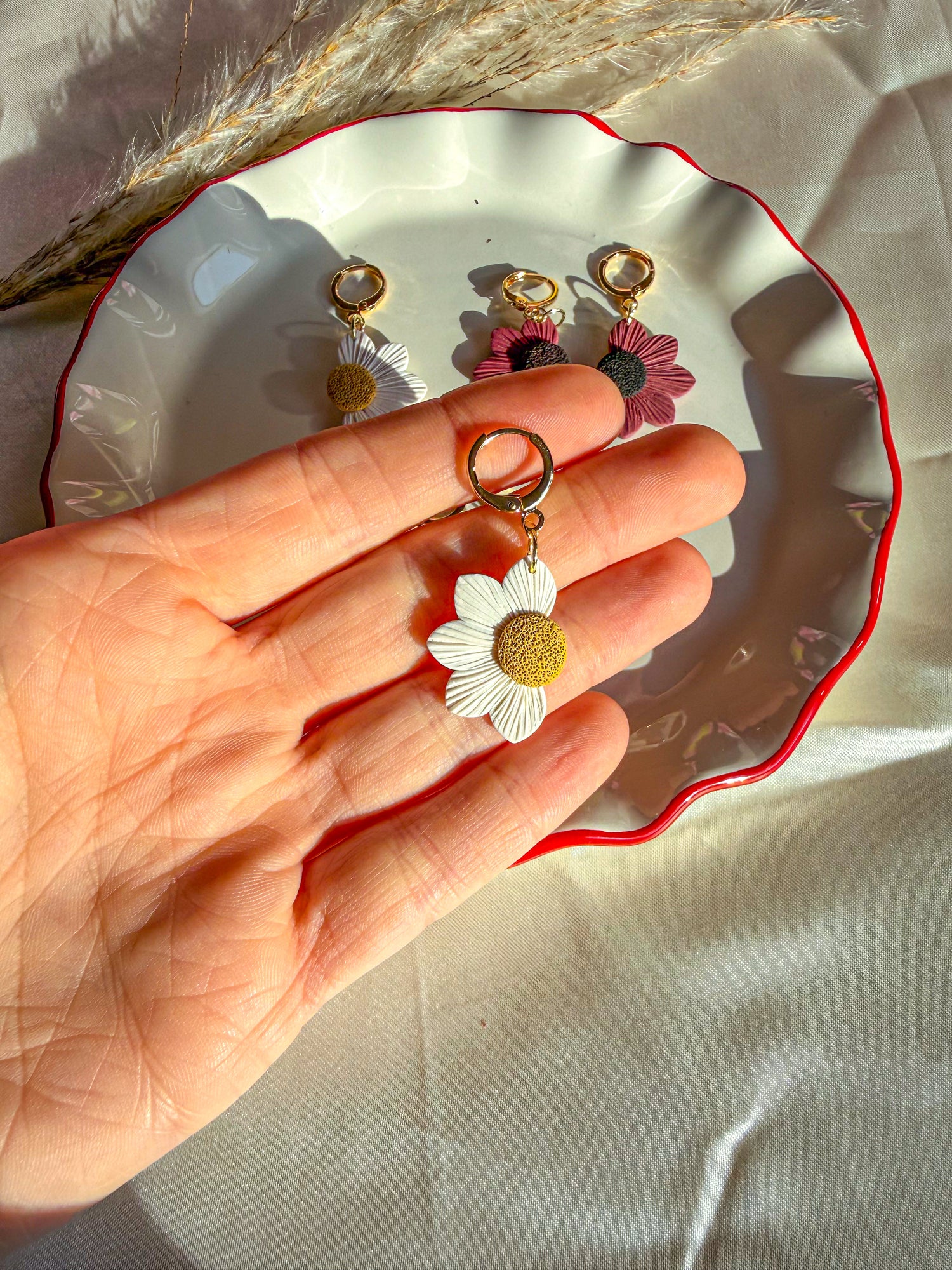 Floral daisy polymer clay earrings with lever-back earring post