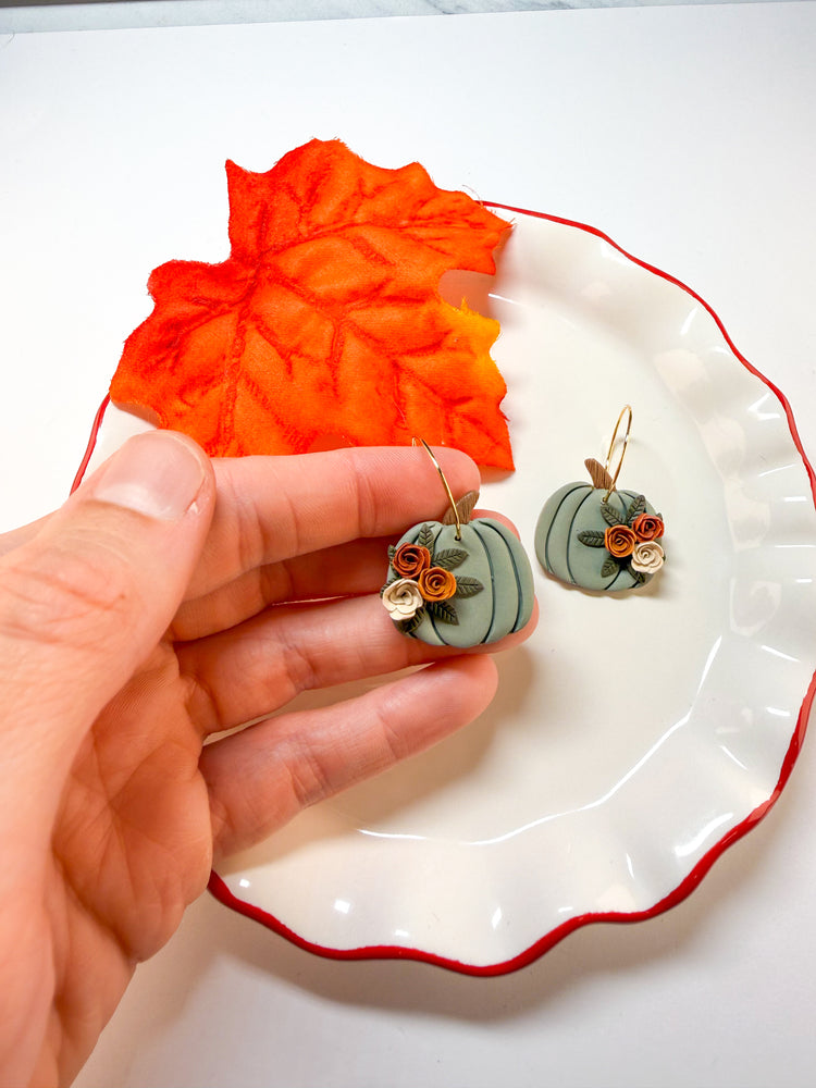 Sage Green Floral Pumpkin Hoop Earrings