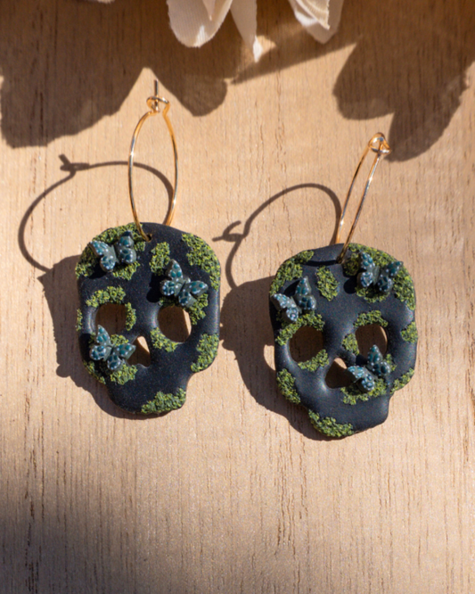 Moss Skull Earrings with Hunter Green Butterflies