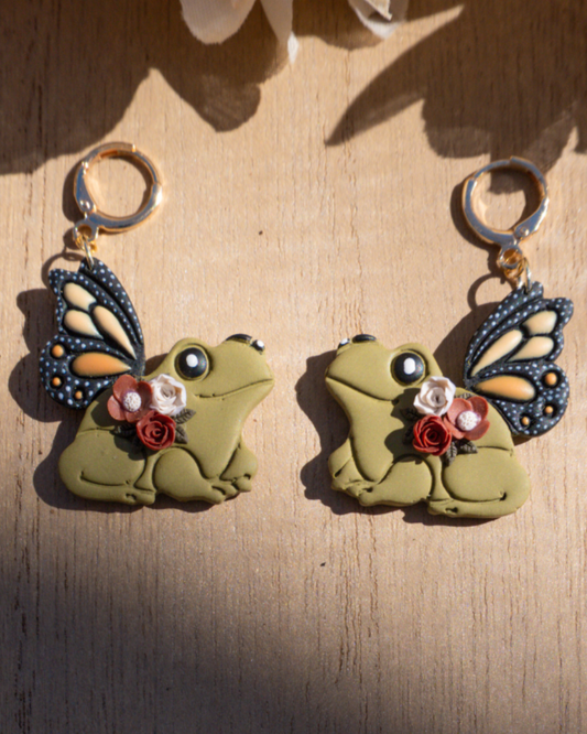 Whimsical Frog and Floral Polymer Clay Earrings