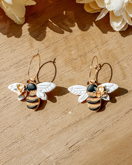 Floral Bee Hoop Dangle Earrings