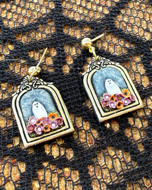 Ghost picture frame dangle earrings with fall flowers